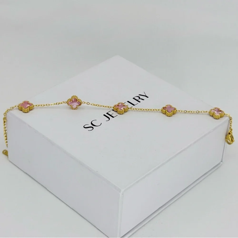 Petite Pink Mother of Pearl Gold Clover Bracelet | Stainless Steel Double Sided